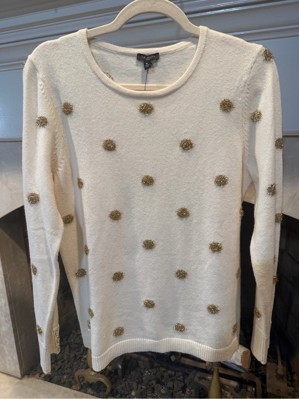 Talbots Cream Crewneck Sweater with Gold Dot Trim size Mp